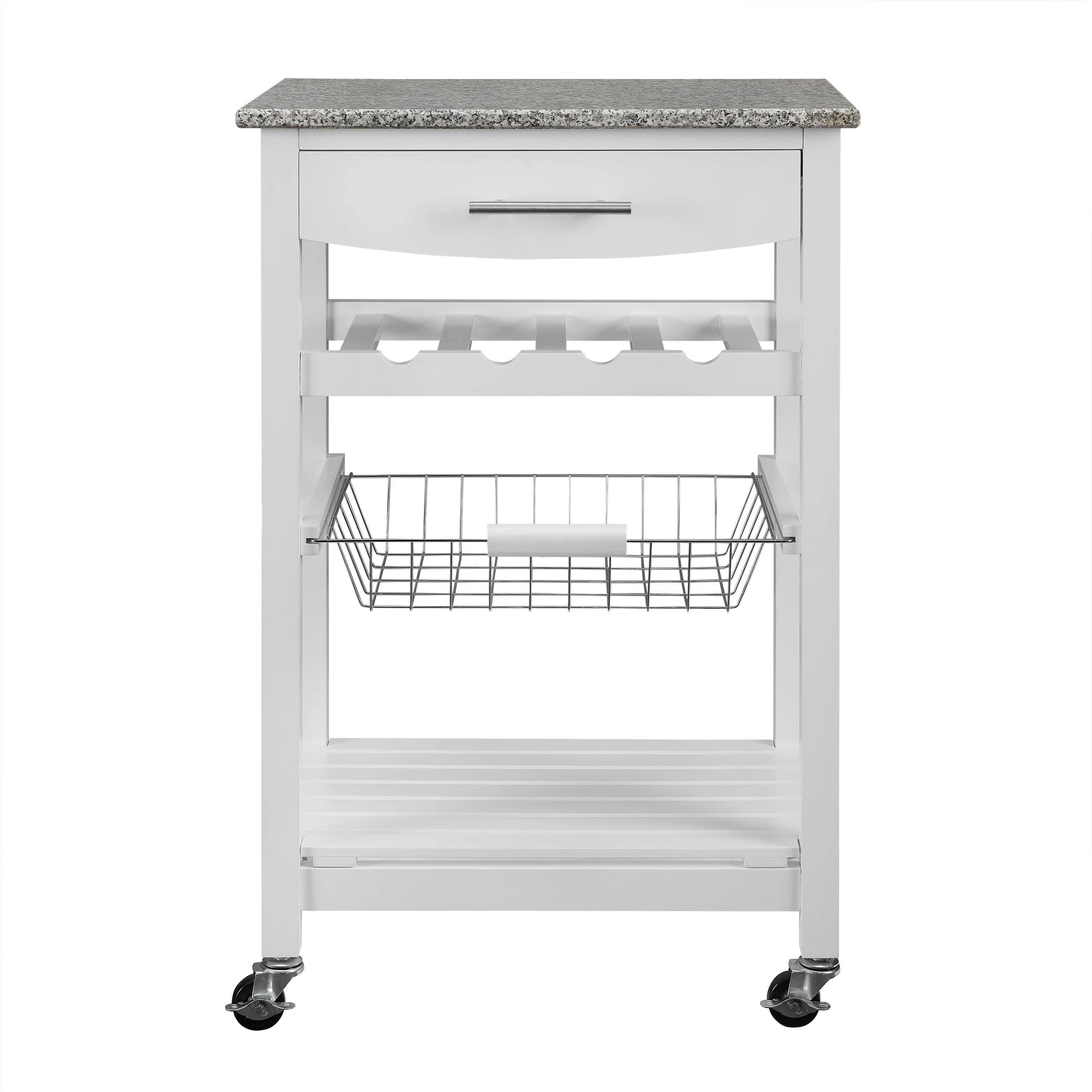 Linon Neyrey Mobile Kitchen Island, White Finish with Gray and White Speckled Granite Top