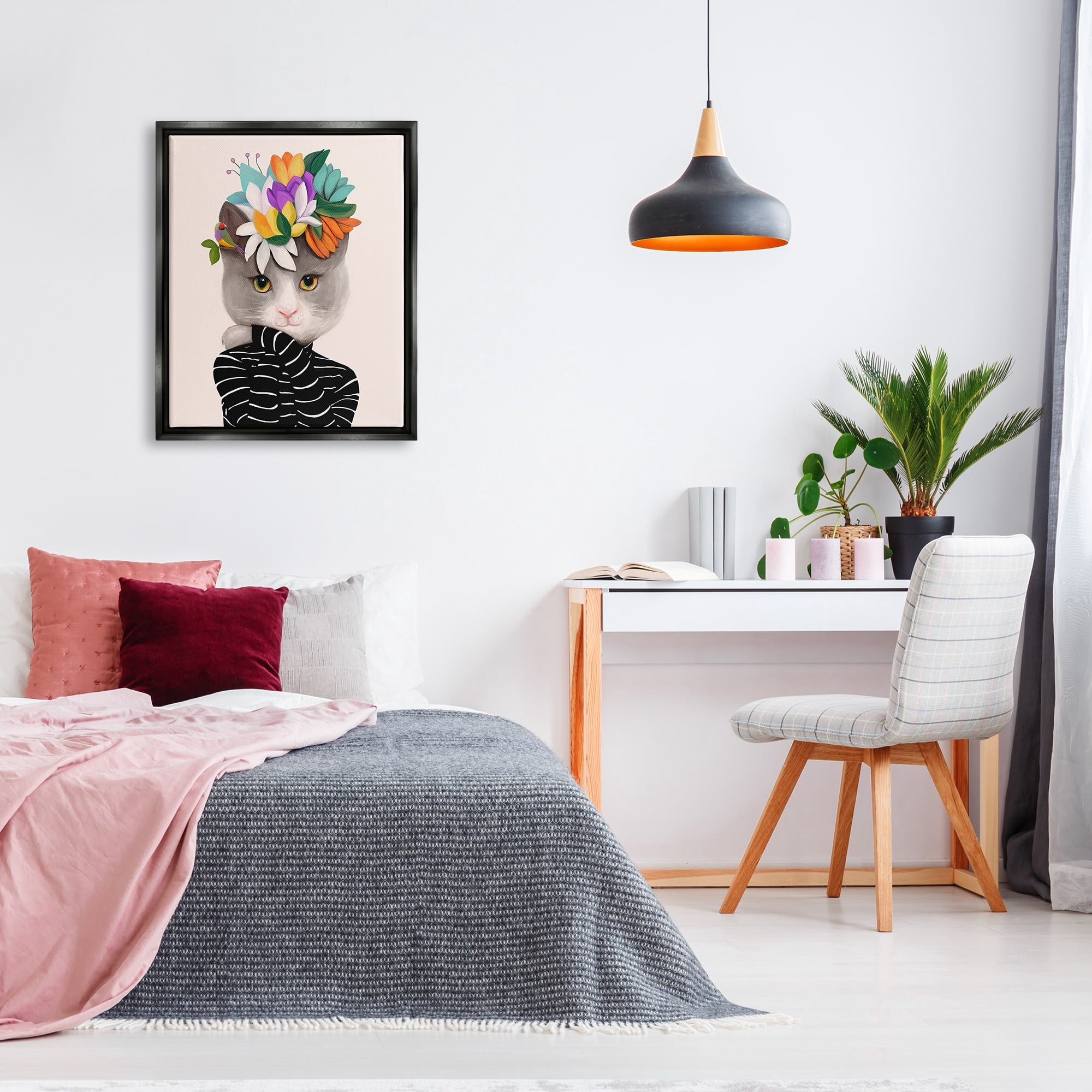 Stupell Industries Bold Floral Design Grey Cat Striped Sweater Jet Black Framed Floating Canvas Wall Art, 24x30, by Ioana Horvat