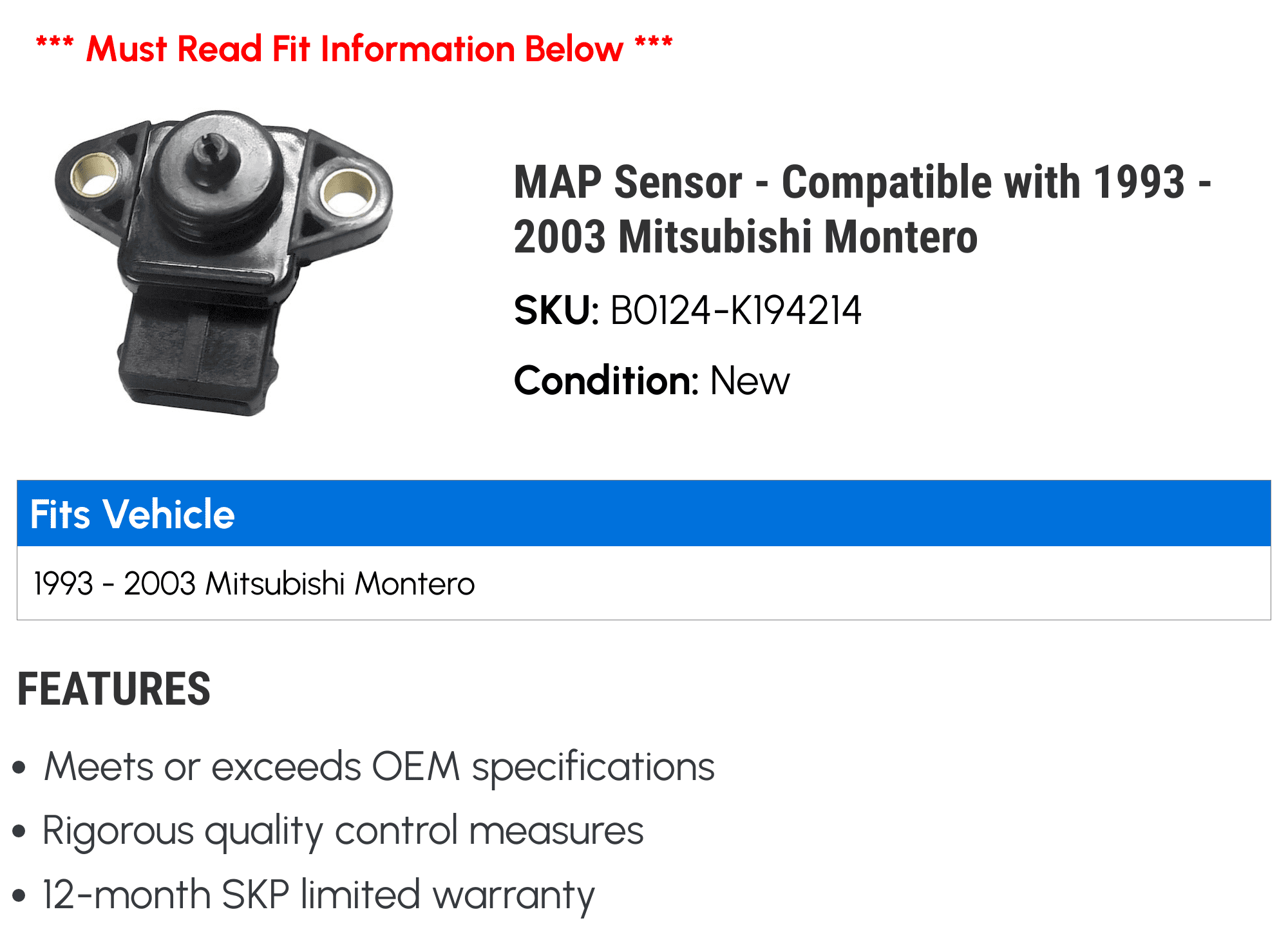 MAP Sensor - Compatible with 1993 - 2003 Mitsubishi Montero 1994 1995 1996 1997 1998 1999 2000 2001 2002