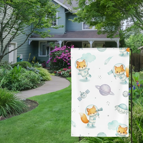 RKSupls Spring Summer Garden Flag Double Sided Fox Astronaut Space Seamless Welcome Yard House Outside Outdoor Decoration,12*18 inch
