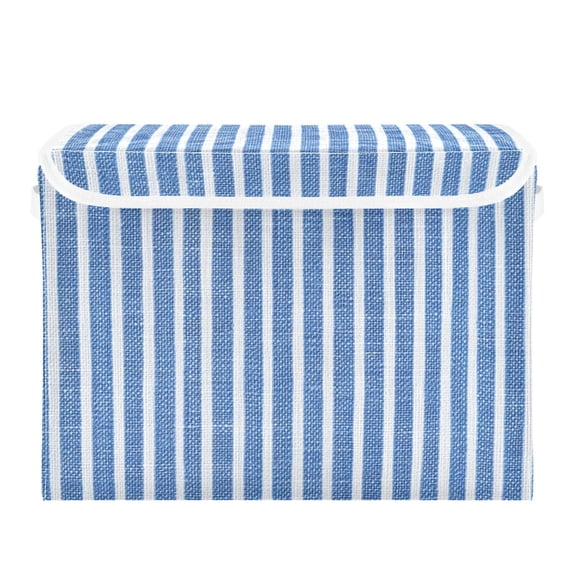 Blue and White Shirt Fabric Stripes Foldable Storage Bin with Lid and Handle Collapsible Storage Box 16.5 x 12.6 x 11.8 inches