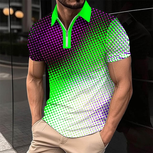 Chemises pour Hommes Décontractées Imprimées Manches Courtes Col Rabattu Fermeture à Glissière T-Shirt Blouse Tops