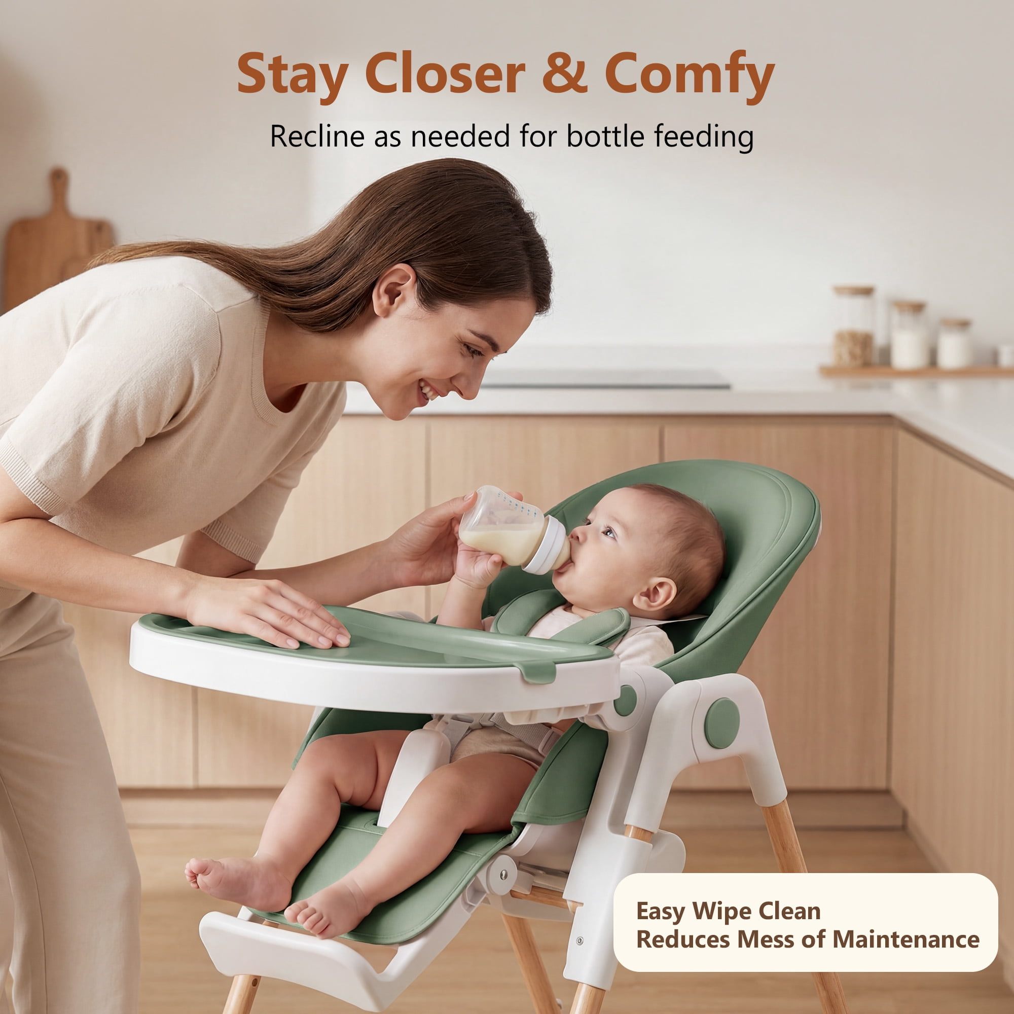 LINLUX Foldable High Chair for Babies, Toddler Eating Chair with Detachable Double Trays, Green
