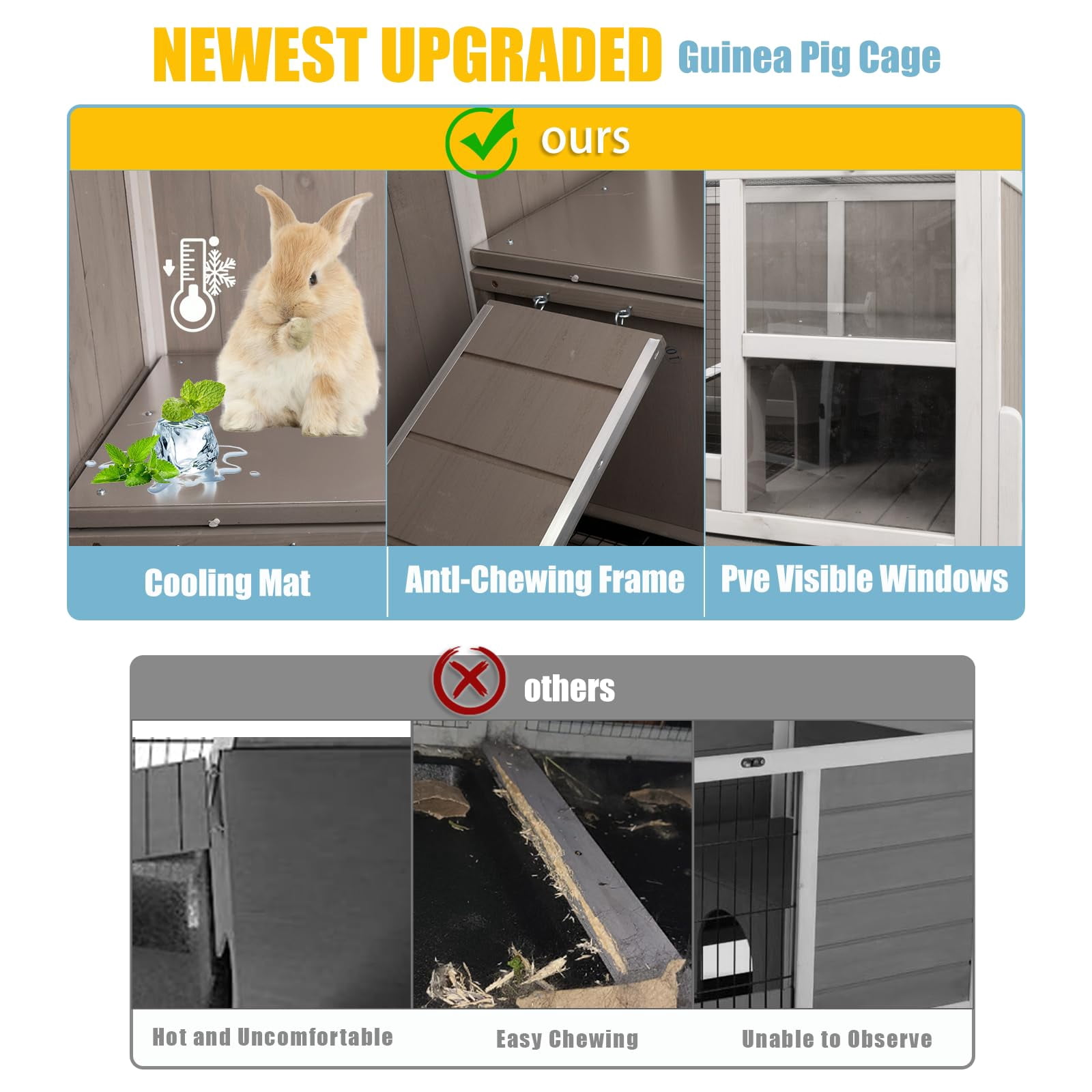 Wooden Guinea Pig Cage Indoor Habitat with Stand, Rabbit Hutch with Ramp and Hideout, Spacious 2-Story Small Animal Cage with Leak-Proof Pull Out Tray, White