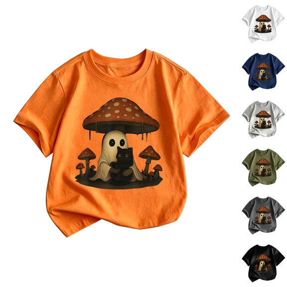 JAJAHO Halloween T-Shirts For Kids Boys Girls Mushroom Ghost Graphic Short Sleeve Crew Neck Tees 2-13Y