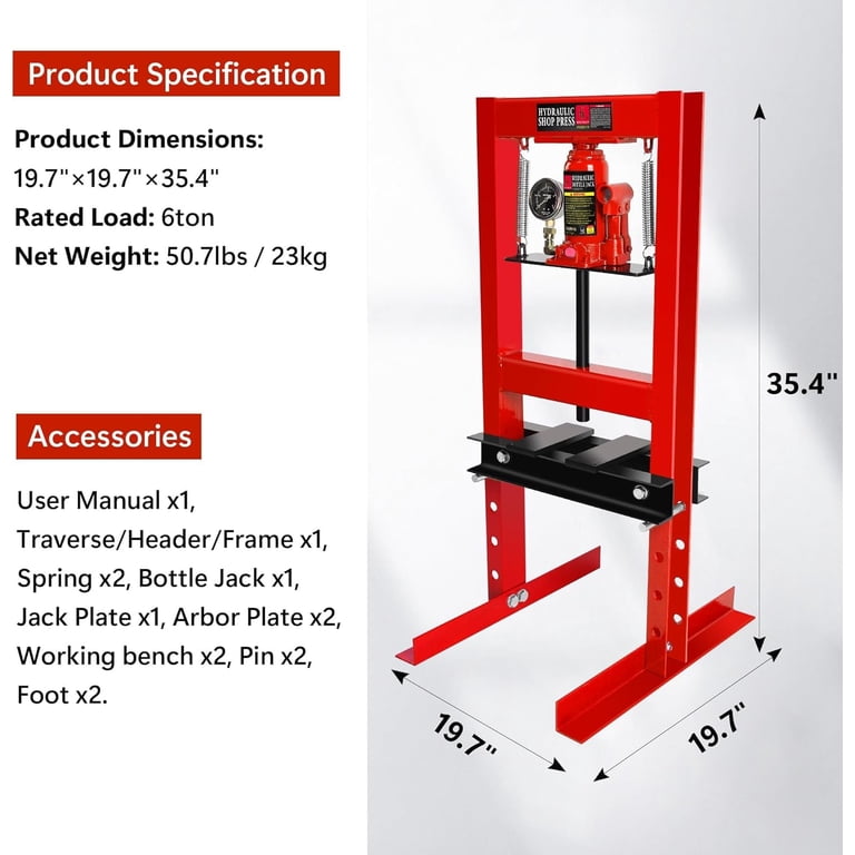 6-Ton Hydraulic H-Frame Shop Press – Adjustable Bed Height For Garage & Workshop Use (Red)