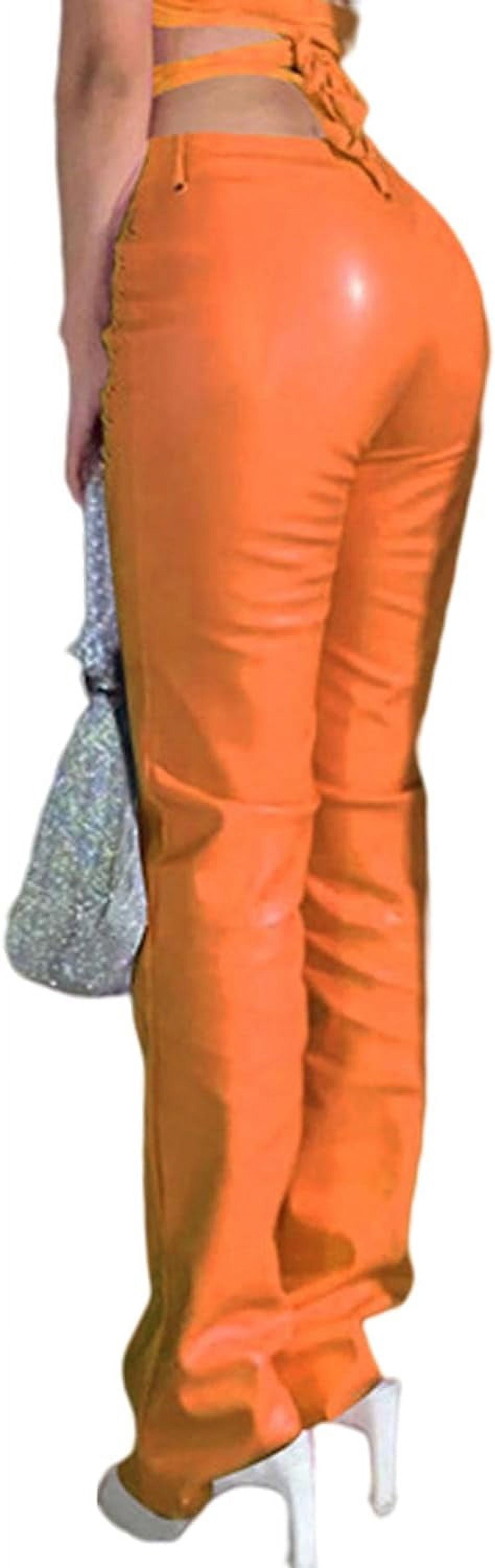 HLSOHJP Women's Lace Up PU Leather Pants Chic High Waist Hollow Out Drawstring Bandage Cut Out Faux Leather Trousers