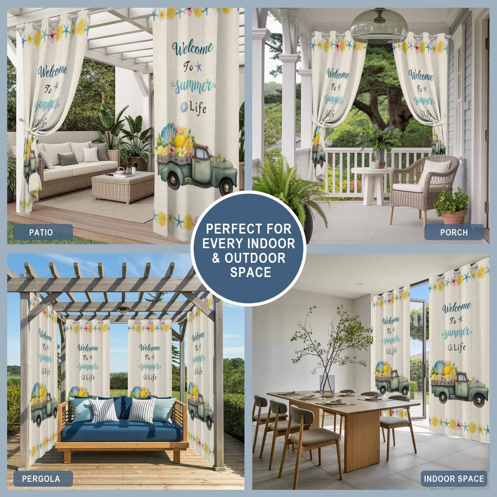 WELCOME TO SUMMER LIFE Outdoor Curtains 1 Panel Retro Truck Nautical Shell Starfish Vintage Waterproof Weatherproof Privacy Curtain Thermal Outside Drape for Porch Patio 54 x 108 Inch
