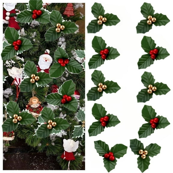 MODANU 40Pcs Christmas Holly Berries for Crafts, 2.7" Faux Berries Flowers and Holly Leaves Christmas Wreath Fillers for Vase Fillers Floating Candle Table Centerpiece(Red & Gold)