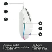 Logitech G203 LIGHTSYNC Wired Gaming Mouse, 8,000 DPI, Rainbow Optical Effect LIGHTSYNC RGB, 6 Programmable Buttons, White