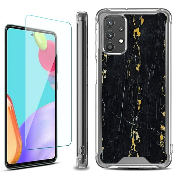 Shockproof Bumper Phone Case for Samsung Galaxy A53 5G, with Tempered Glass Screen Protector, by OneToughShield ® - Marble / Gold/Black