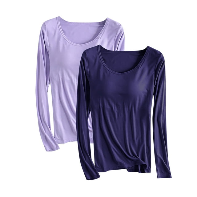 Kaemgyyd 2 Pack Vêtements de Nuit pour Femmes Grande Taille Col Rond Manches Longues Pyjamas Hauts Décontractés Amples Basiques Unis