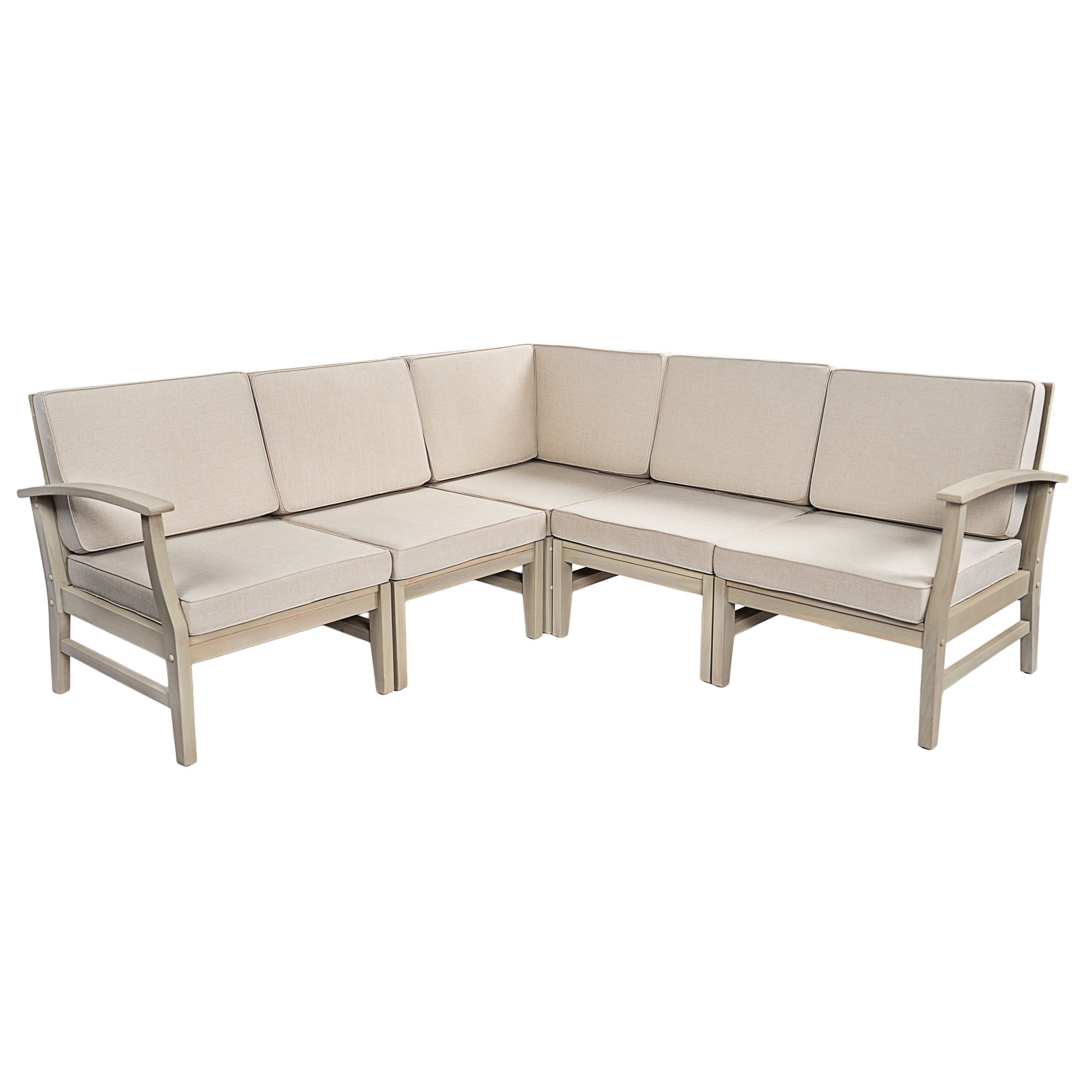 Christopher Knight Home 5-Seater Outdoor V-Shaped Sectional Sofa, Sand Cushions, Light White Finish