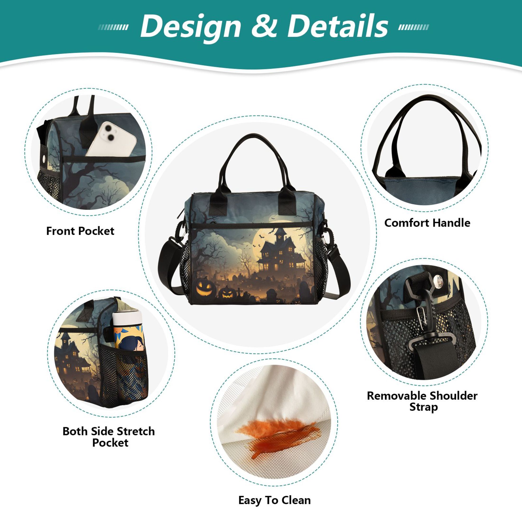 Large Insulated Lunch Bags for Women Men Leakproof Thermal Meal Lunch Tote Bag for Office Work Picnic Travel Spooky Haunted House 9L