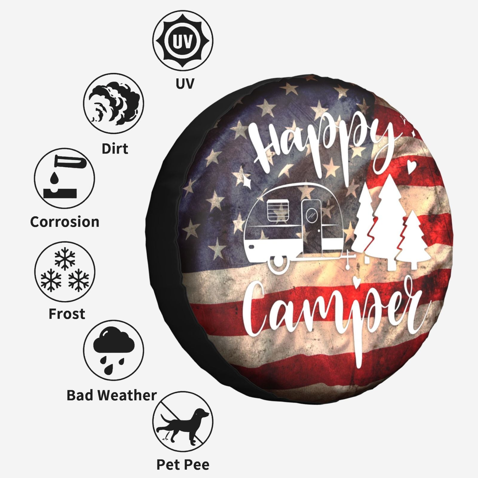 KAKALAD Happy camper usa flag Spare Tire Cover Weatherproof Universal  Vehicle Accessories 14 Inch