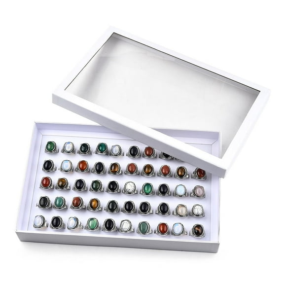 1 box Natural & Mixed Gemstone Oval Finger Rings Antique Silver Plated Alloy Jewelry for Women Inner Diameter: 17.5~20.1mm