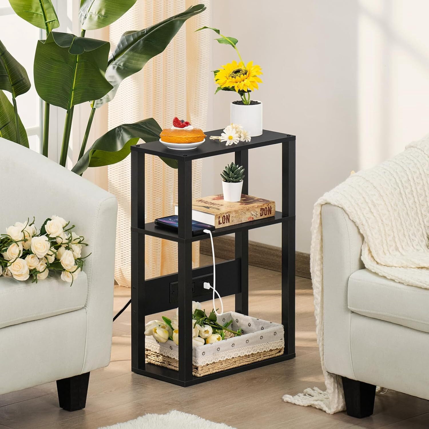 Joaxswe End Table w/ Charging Station Set of 2, Narrow Side Table for Living Room, Black