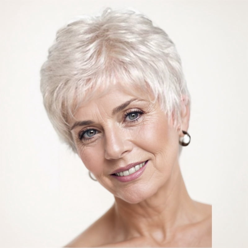 Silver-white short hair wig for elderly women with side-parted bangs and fashionable hairstyle