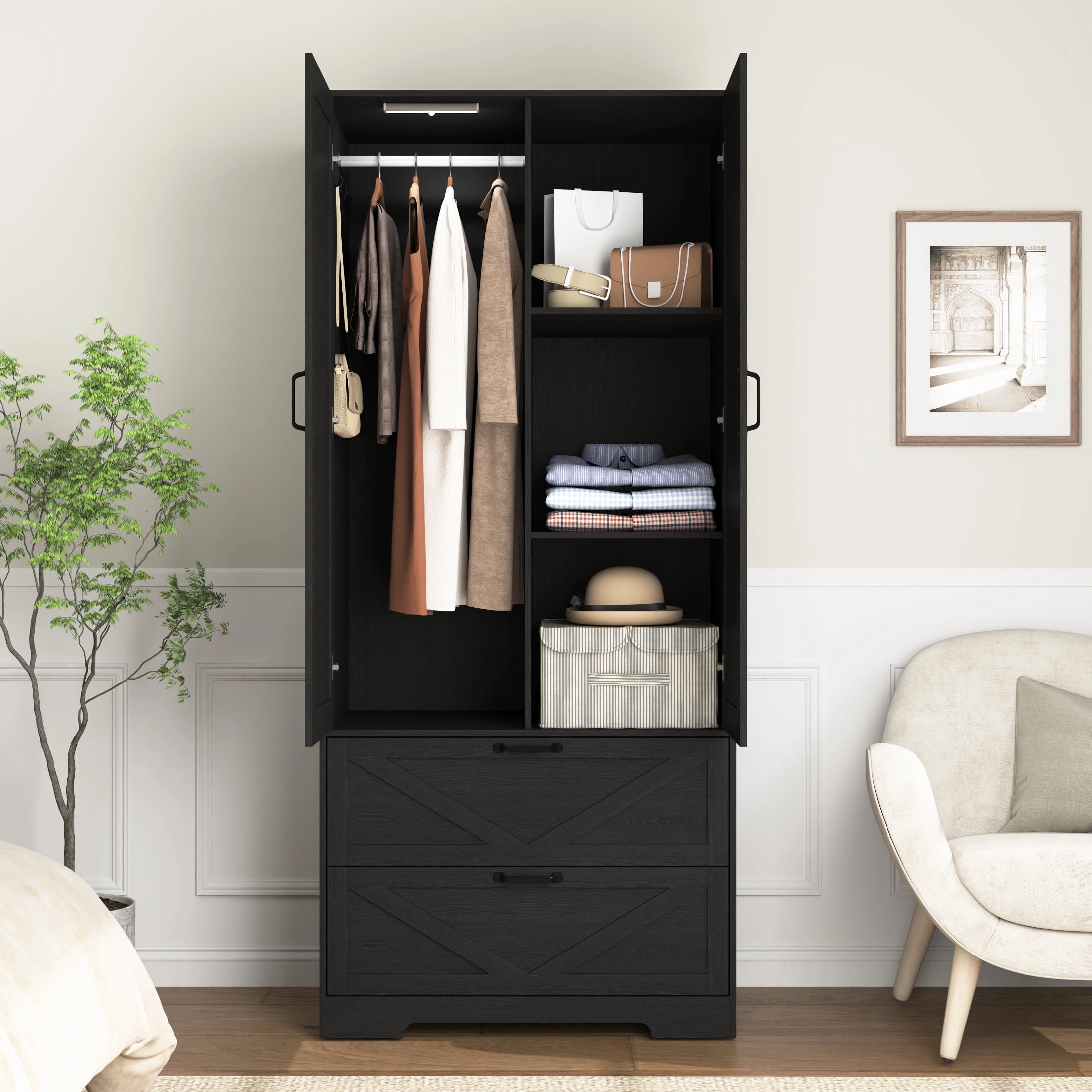 AISWORD 72" Tall Wooden Armoire Closet with Mirror Door, LED Lights, Drawers, Adjustable Shelves & Hanging Rod, Farmhouse Bedroom Storage, Black