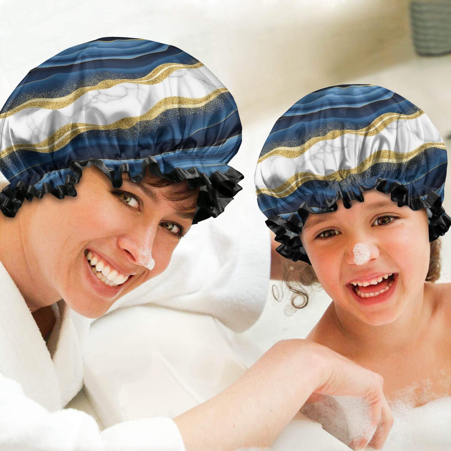Shower Caps,Blue Gold Wave Marble Pattern Waterproof Shower Cap for Women 4 Pieces,Double Reusable Hair Cover for Shower PEVA Elastic Stretch Hem
