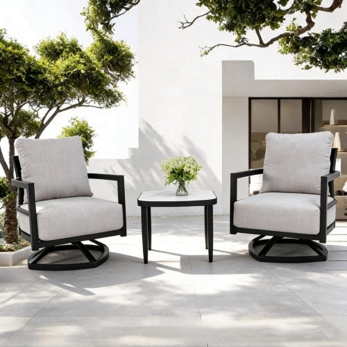 3PC Outdoor Aluminum Patio Furniture,Modern Fully Weld Swivel Lounge Chair Chat Set,Sunbrella Cushions,Elegance Arc 23.6'' Side Table with Greek White Marble-Inspired Sintered Stone Top