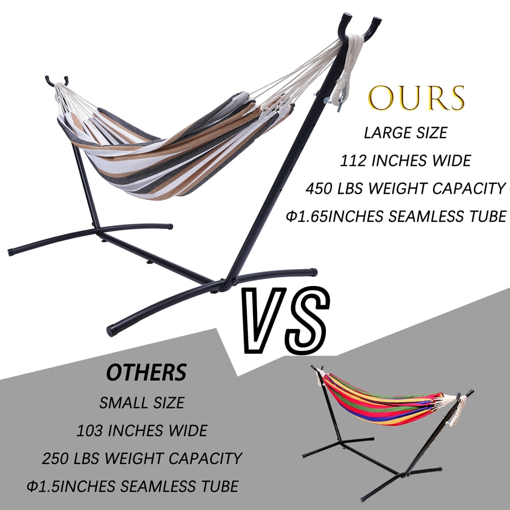 Hammock with Stand, Brazilian Style Hammock Bed with 9.3ft Heavy Duty Steel Stand and Carrying Bag, Portable Double Hammock for Patio Balcony Deck Indoor Outdoor, Max Load 450lbs, Easy Set Up, K3386