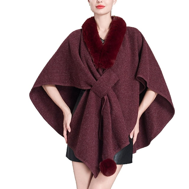 Cape Châle Tricotée Couleur Unie, Col Faux Élégant pour Femmes