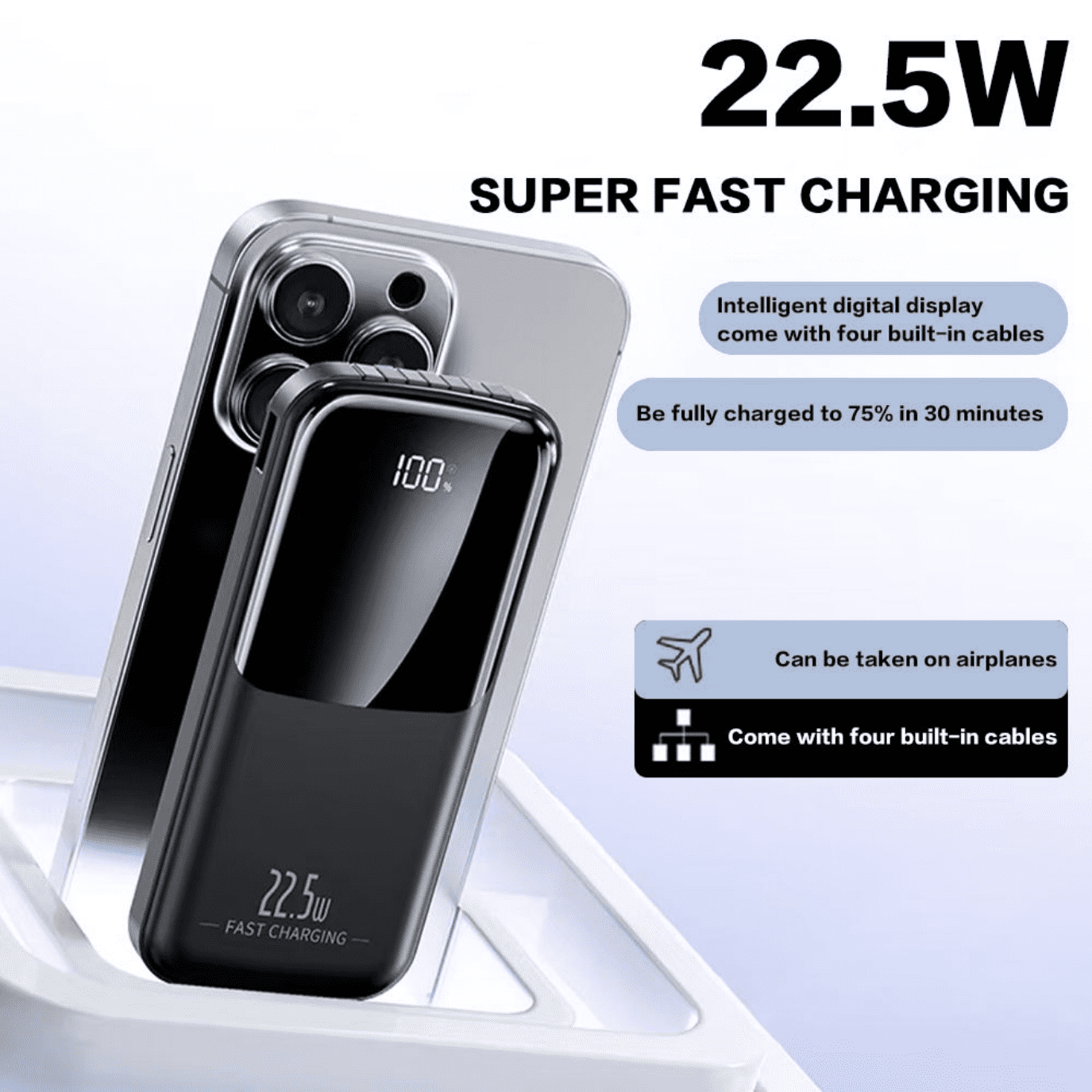 Entronix 3-in-1 Power Bank with Built-In Cables, 10000 mAh Portable Charger 22.5W Digital Display, Black