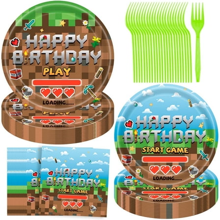 Jestar 96 Pcs Pixel Miner Crafting Party Supplies Plates Forks Napkins for 24 Guests, Video Game Theme Birthday Party Decoration