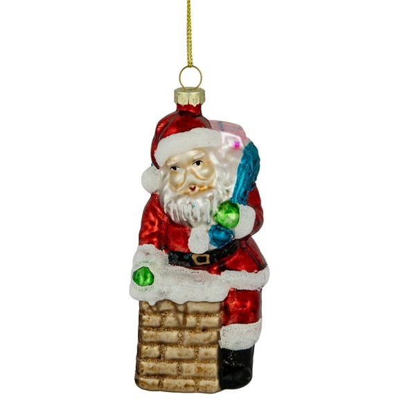 Northlight Santa Down the Chimney Hanging Glass Christmas Hanging Ornament - 4.75" - Red