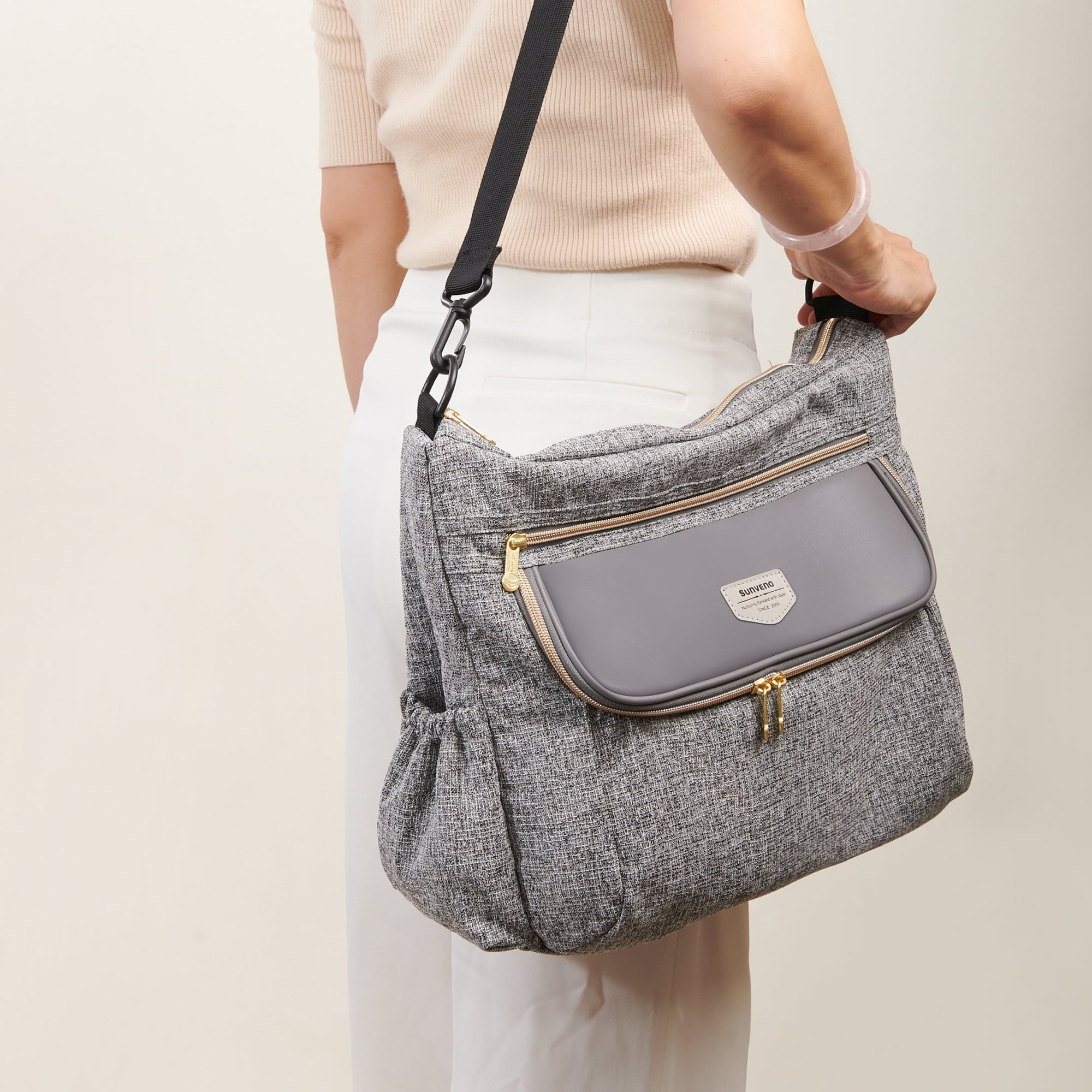 Sunveno Tweed Luxe Stroller Organizer Crossbody Bag Diaper Bag Travel Bag, Gray