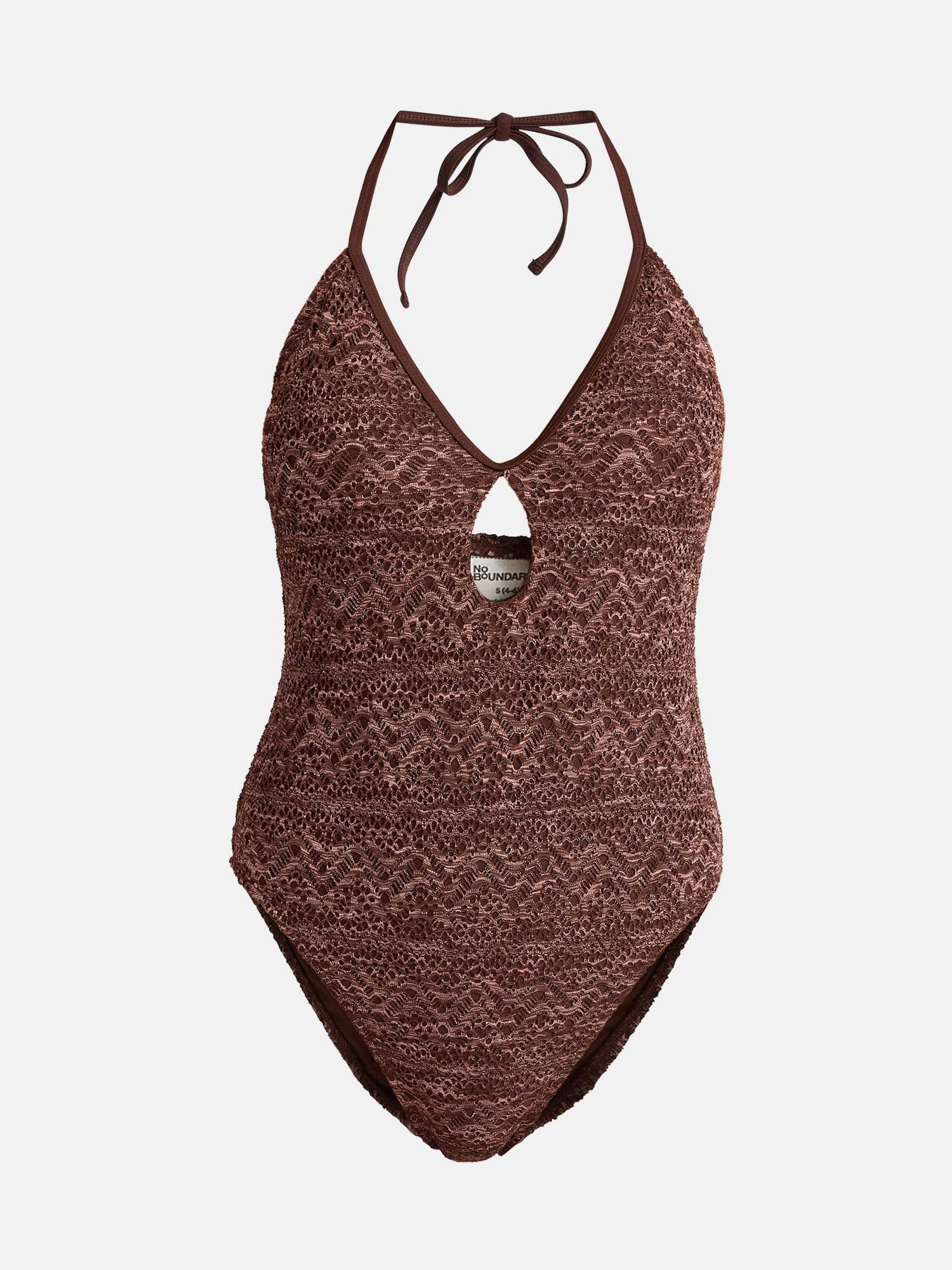 No Boundaries Warm Chocolate Crochet One Piece Swimsuit, Women's