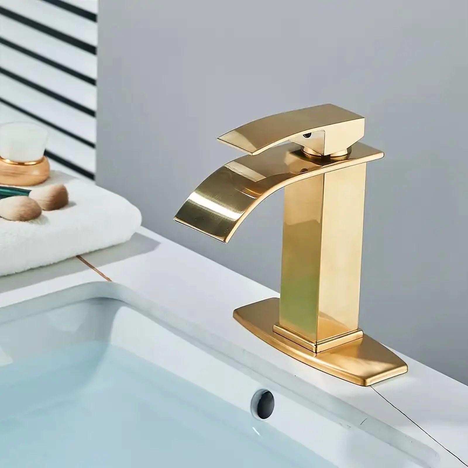 Brushed Gold Bathroom Sink Basin Faucet Single Handle Vanity Mixer Taps w/Cover