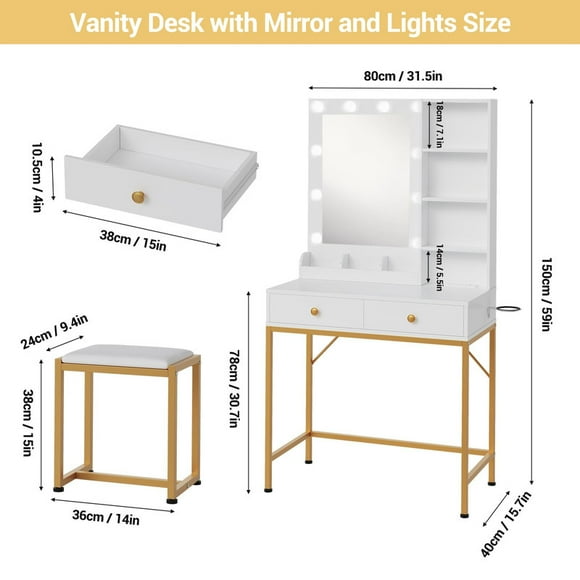 TROPOW Coiffeuse avec Miroir et Lumières – Table de Maquillage avec Chaise, Station de Recharge, DEL Réglable à 3 Couleurs, Tiroirs et Étagères pour Chambre, Blanc