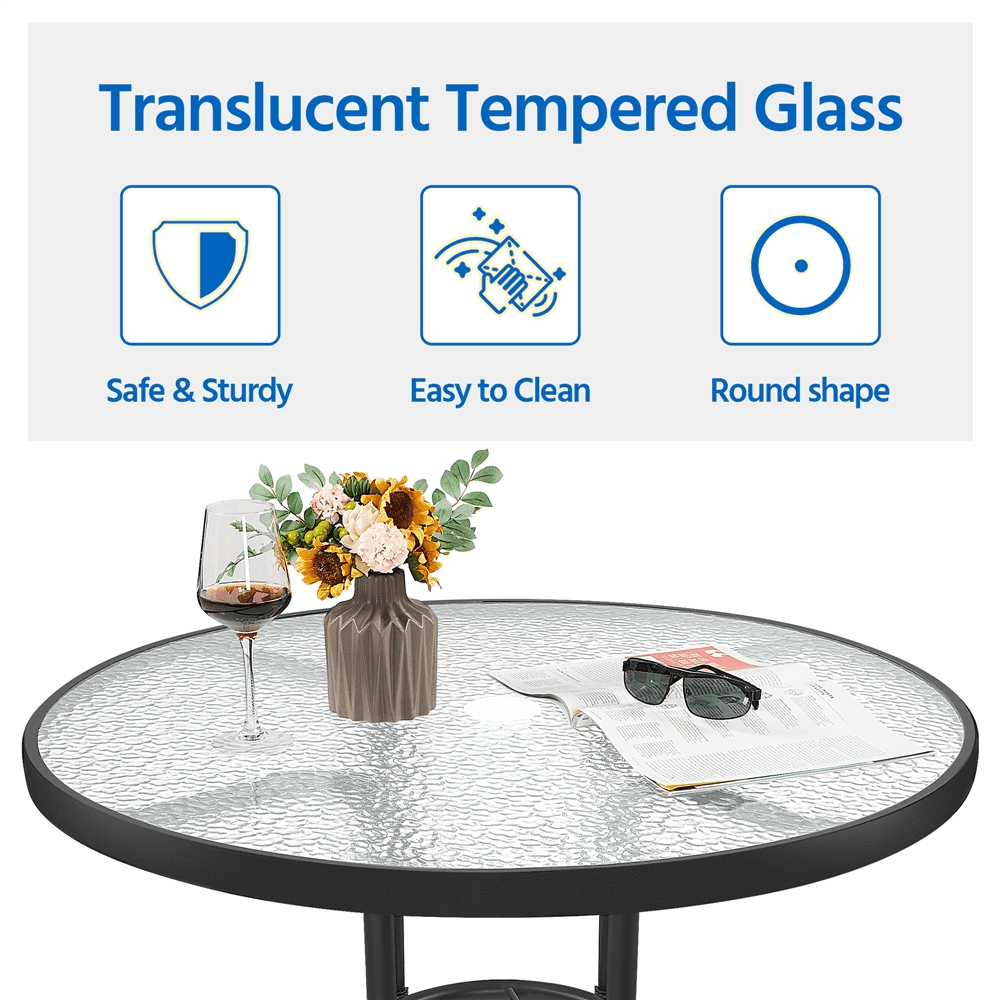 Alden Design 31.5" Round Patio Bistro Coffee Table with Tempered Glass Top for Balcony Garden, Black