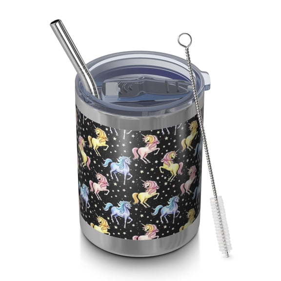 12oz Tumblers Black Cartoon Colorful Unicorn Pattern Vacuum Insulated Stainless Steel Travel Tumbler Cups Mug with Lid and Straw for Beer,Coffee,Beverages with Cleaning Brush for Cold & Hot Drinks