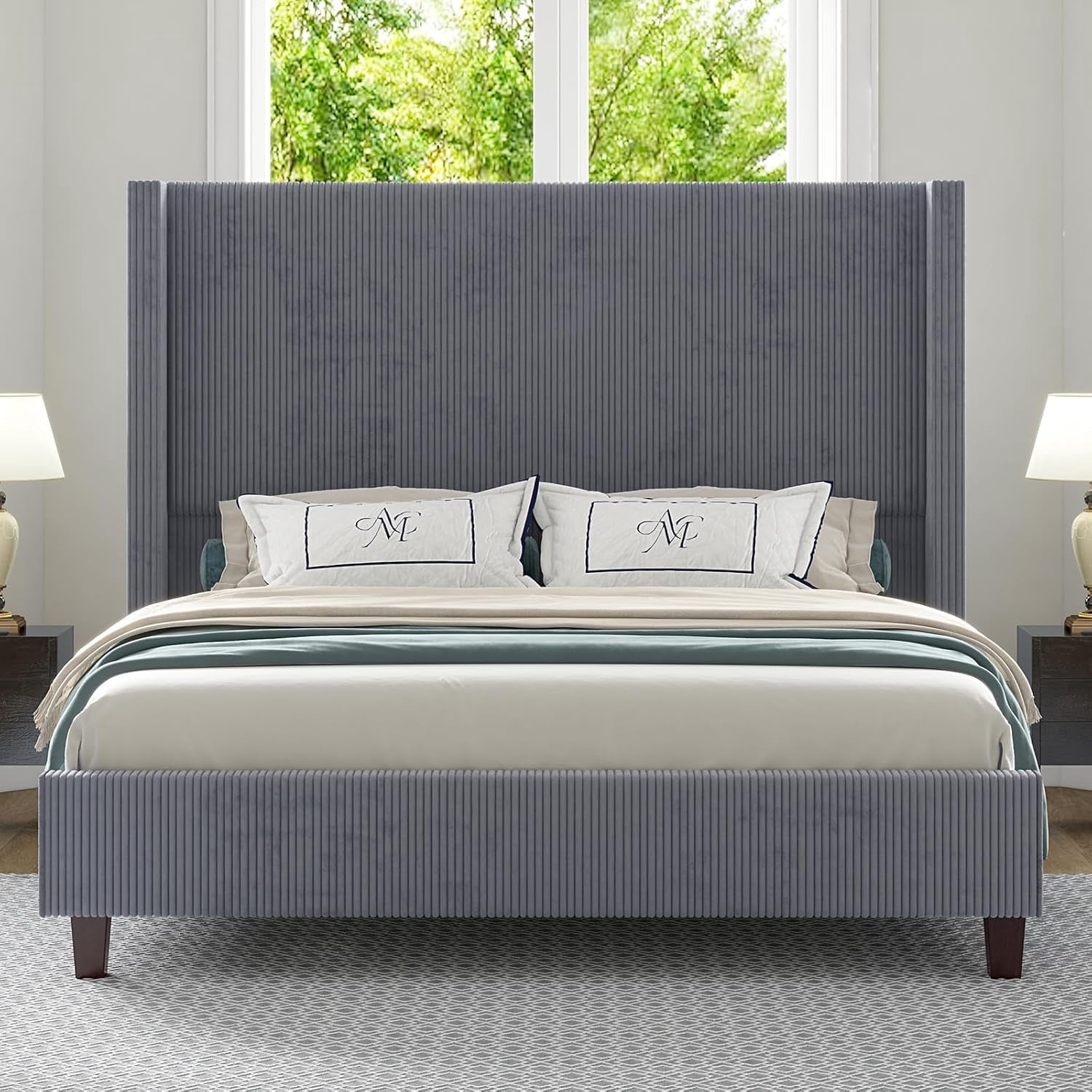 Amerlife Queen 61" Corduroy Upholstered Bed Frame with Wingback Headboard, Vertical Stripe, Grey