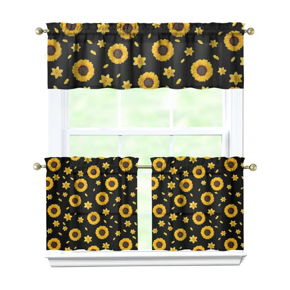 Floral Vintage Curtains 24" - 3 Panel Boho Farmhouse Set with Rustic Wildflowers, Country Rod Pocket Window Treatment