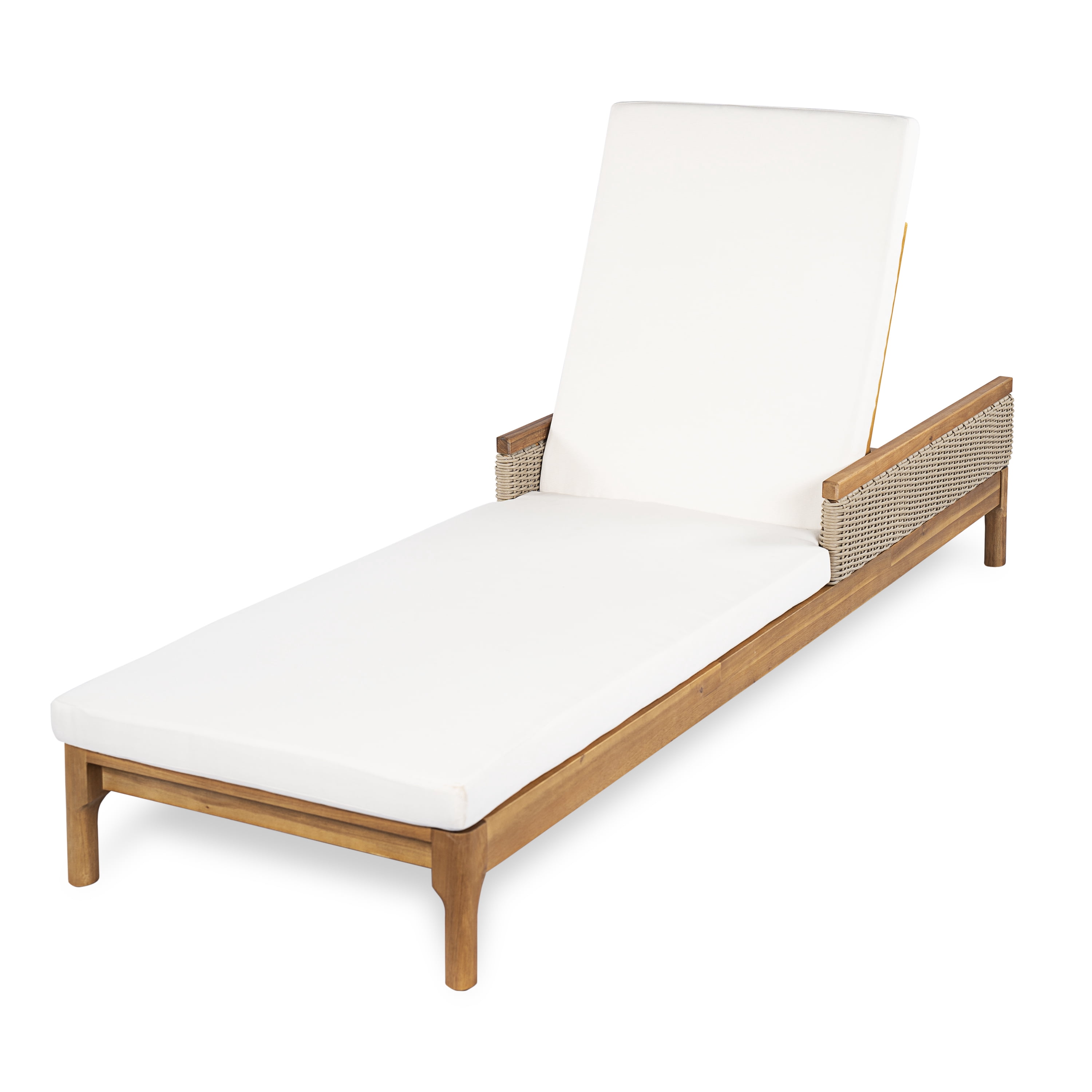 Euroco 76.7" Outdoor Chaise Lounge Chair, Acacia Wood Patio Chaise Lounge Recliner with 4-Position Adjustable Backrest,Thick Cushions & Wicker for Poolside Backyard Deck Porch,Beige