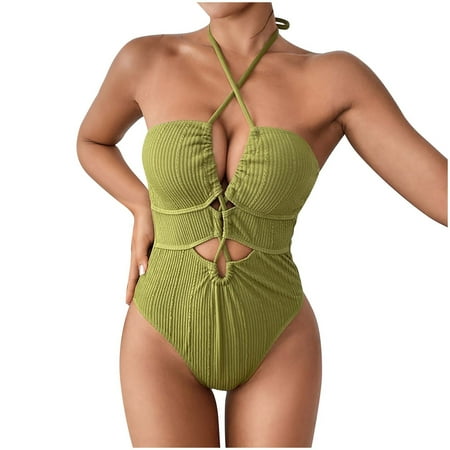 Oplxuo Women s Halter One Piece Swimsuit Sexy Laceup Cutout Tummy Control Bathing Suit Slimming Push Up Padded Swimwear