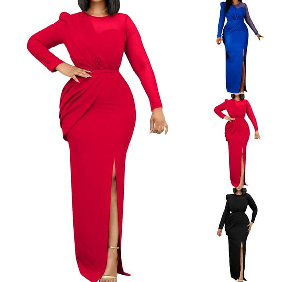 ZQUUVOU Women's Long Sleeve Cocktail Dresses Sheer Mesh Panel Gown Round Neck Pleated Maxi Dress with Belt Elegant Formal Red