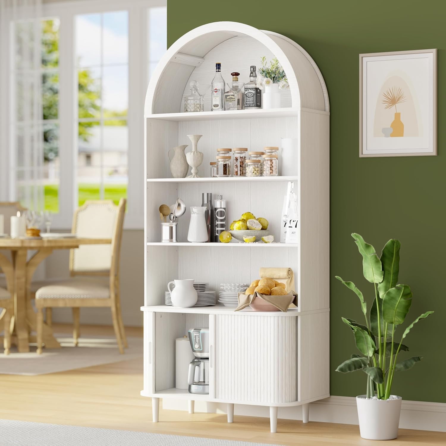 71" Tall Arched Bookshelf with Sliding Doors and Adjustable Shelves, 5-Tier Modern Farmhouse Bookcase, White Wood Display Cabinet for Living Room, Office