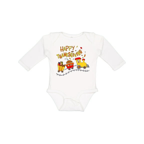 Inktastic Happy Thanksgiving Turkey Train with Food Boys or Girls Long Sleeve Baby Bodysuit
