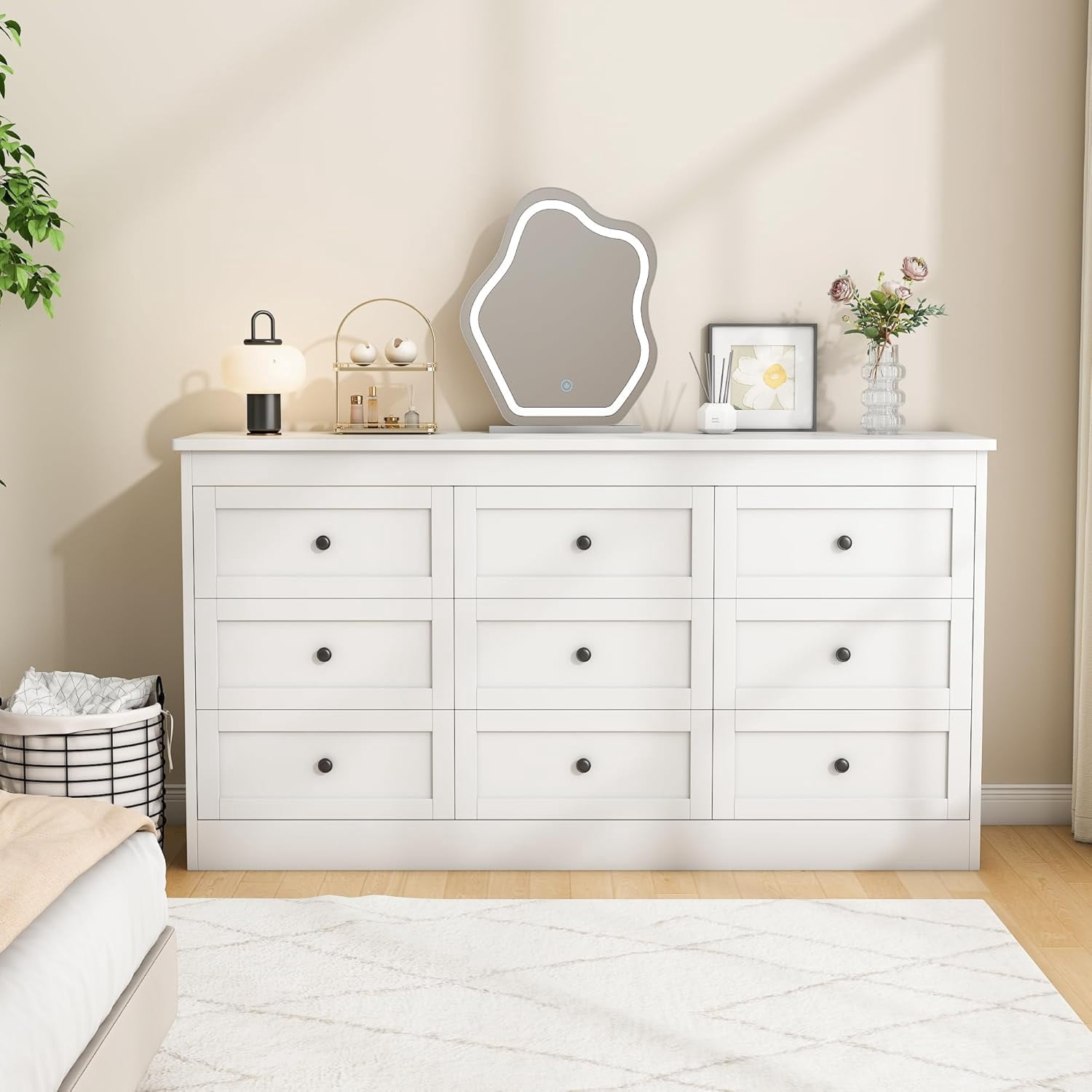 Akaber 9 Drawer Dresser for Bedroom, White Modern 59''W Wood Dresser with Anti-Tip Kit, Storage Organizer
