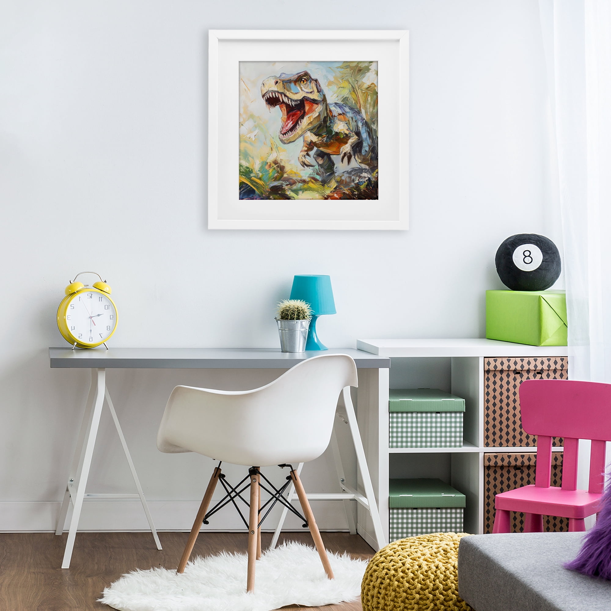 Stupell Industries Enchanting T-Rex Roar White Framed Print Under Glass, design by Creative Studio