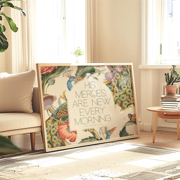His Mercies are New Every Morning Lamentations 3 Christian Wall Art Horizontal MidCentury Peacock Scripture Print or