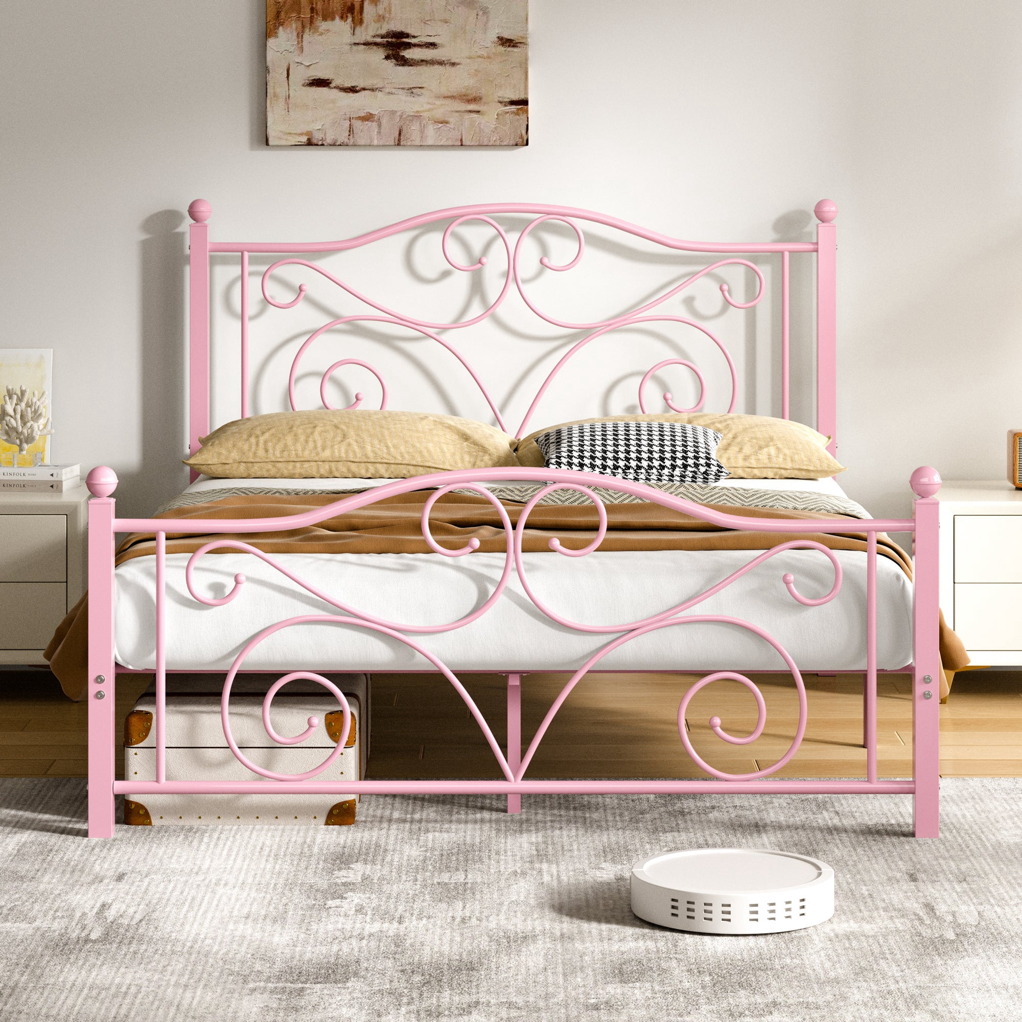 VECELO Full Size Bed Frame with Butterfly Shaped Headboards and Footboard, Metal Platform Bed Frame/Mattress Foundation, No Box Spring Needed, Easy Assembly, Pink