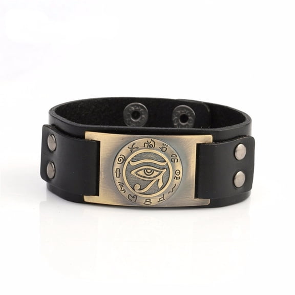 TEAMER Trendy Religious Egyptian Eye of Ra Horus Udjat Evil Eye Snap Clasp Adjustable Leather Bracelet Black