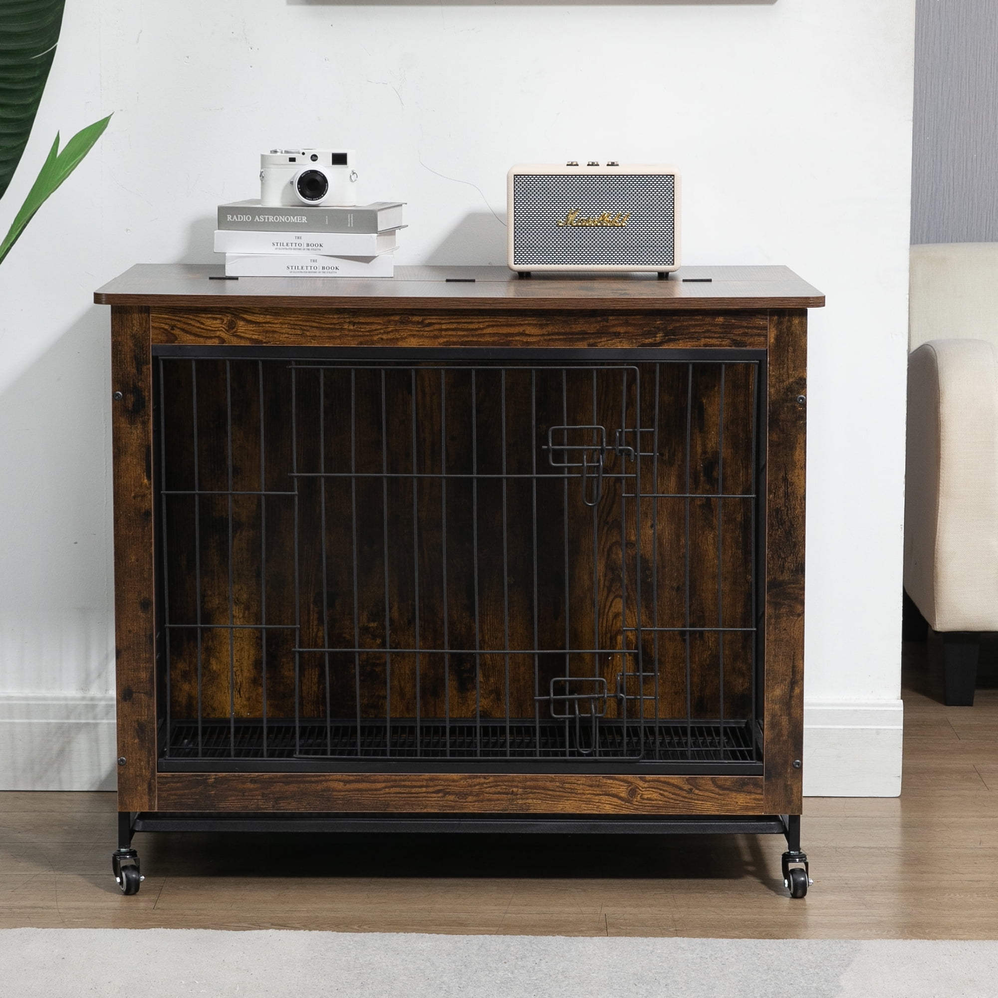 Pefilos 38.3"L Wood Dog Crate Furniture with Cushion, Double-Doors Dog Cag for Indoor, Dog House, Dog Kennel for Small Dogs, Brown Pefilos 38.3"L Wood Dog Crate Furniture with Cushion, Double-Doors Dog Cag for Indoor, Dog House, Dog Kennel for Small Dogs, Brown