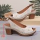 thumbnail image 4 of Sandalias de Tacón de Bloque Blanco Peep Toe Abierto de las Mujeres Tacones Altos Respirables Huecos con Correa de Hebilla Ajustable Casual, 4 of 9